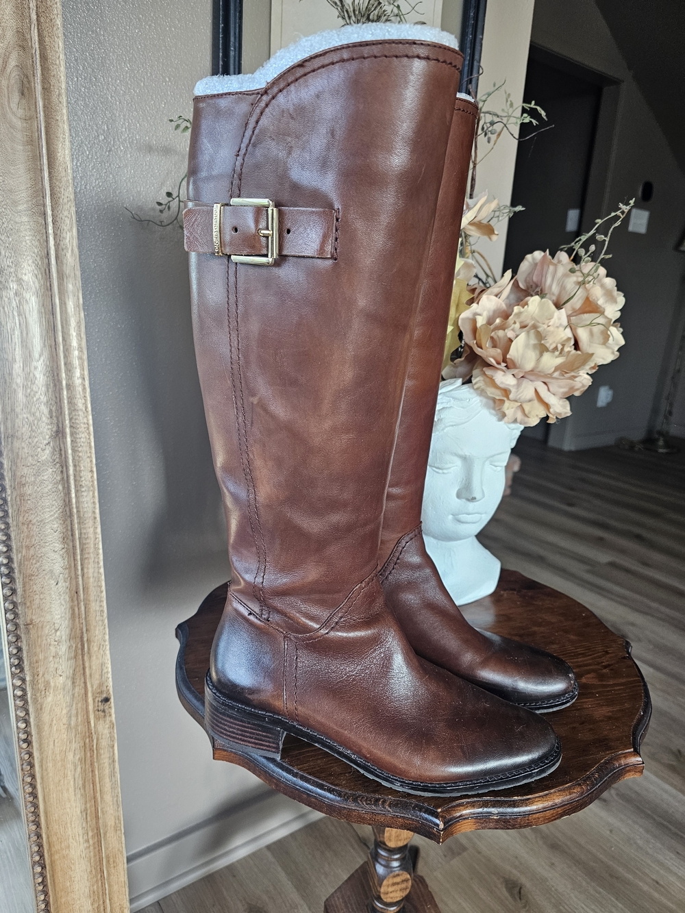 Arturo Chiang Brown Leather Tall Riding Boots with Gold Buckle